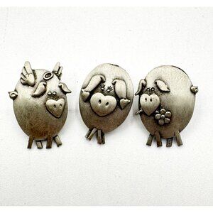 Vintage JJ Jonette Set Of 3 Pewter Pig Jewelry Pins Angel Hearts And Flower